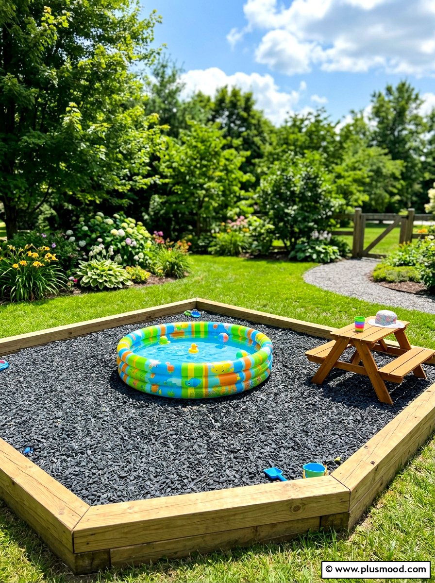 Kiddie pool on rubber mulch - 25 pool landscaping ideas for kids pools