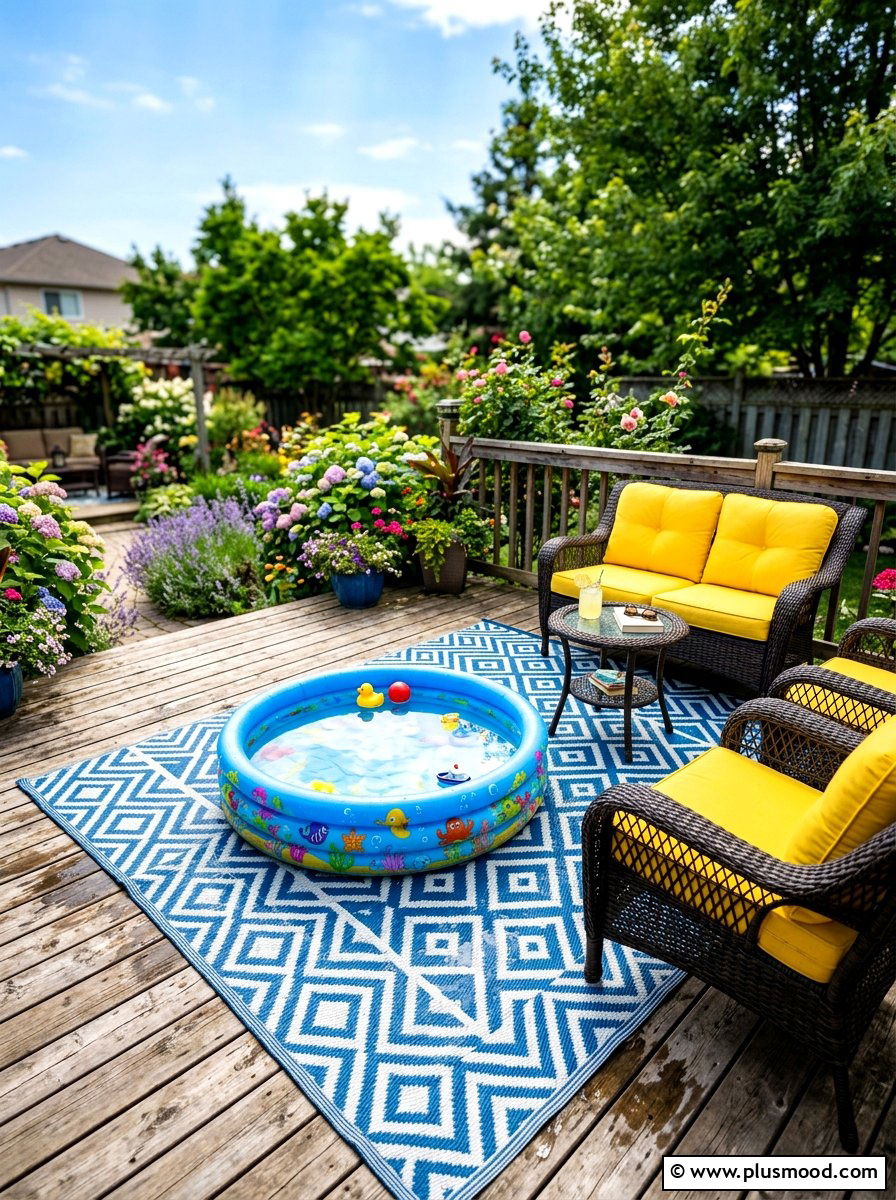 Kiddie pool with colorful outdoor rug - 25 pool landscaping ideas for kids pools