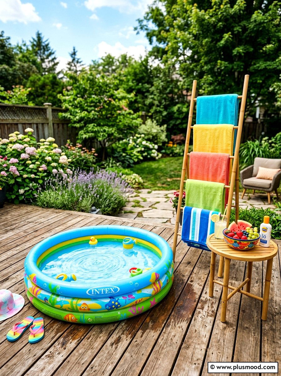 Kiddie pool with poolside towel rack - 25 pool landscaping ideas for kids pools