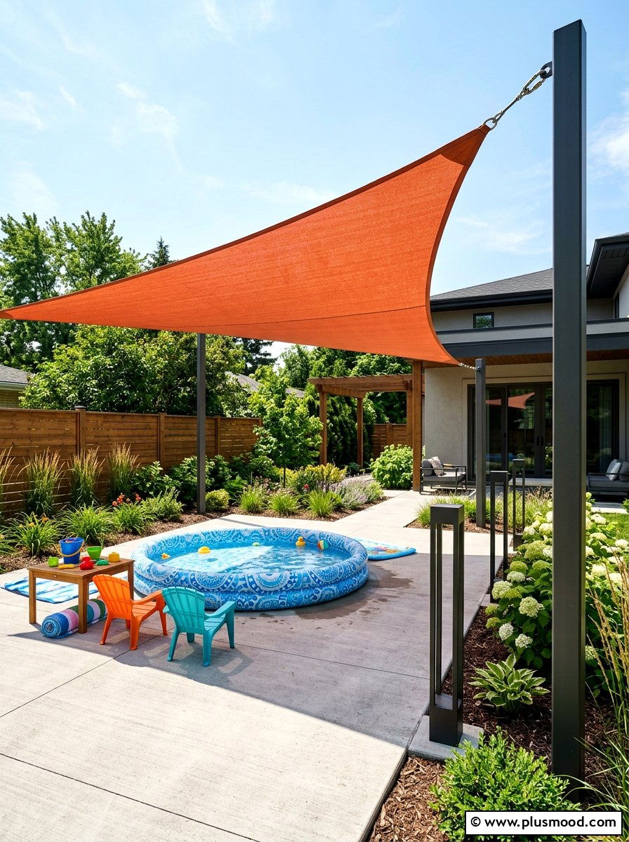 Kiddie pool with shade sail - 25 pool landscaping ideas for kids pools