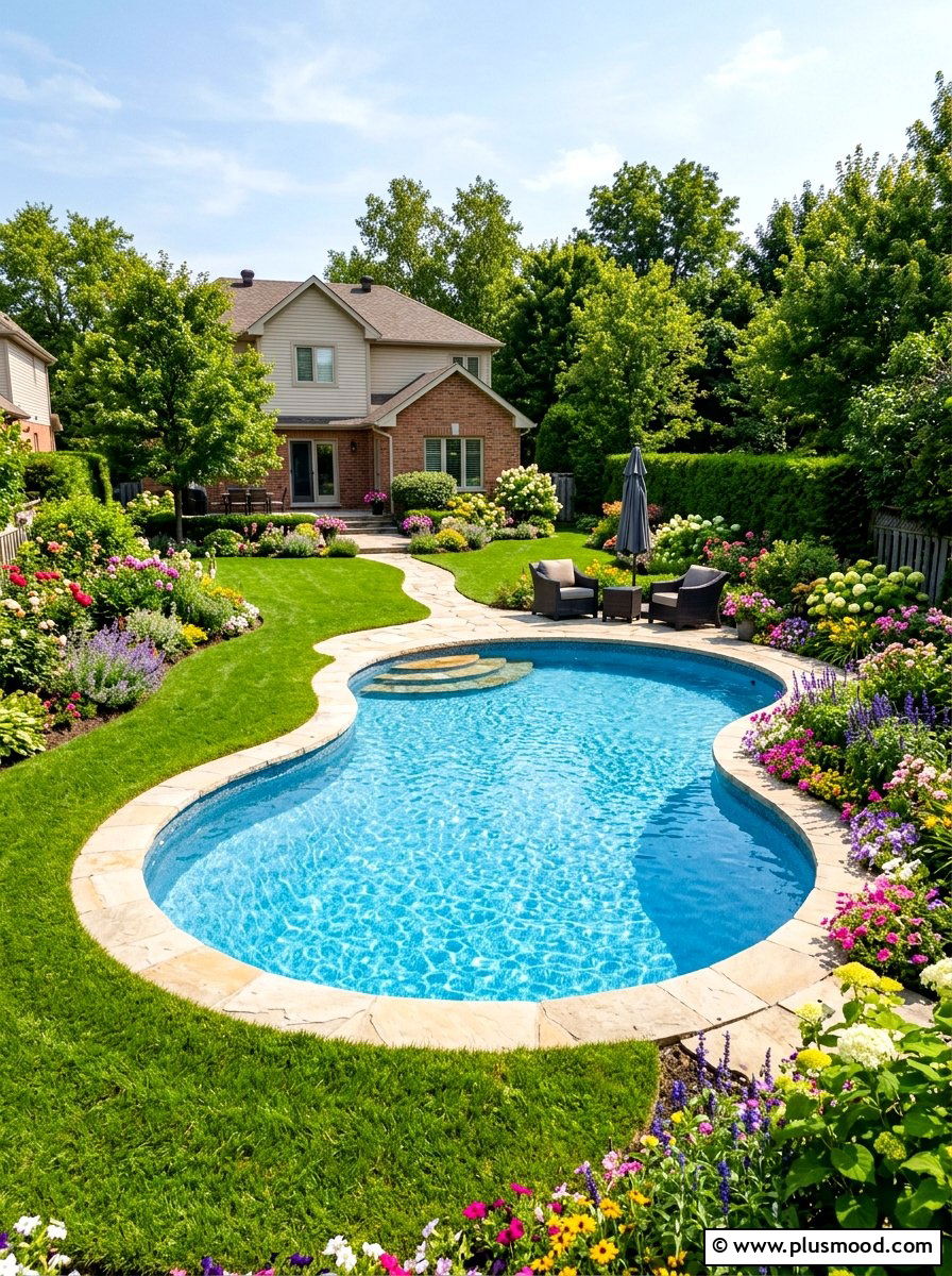 Kidney shaped pool with grass edge - 25 pool landscaping ideas with grass