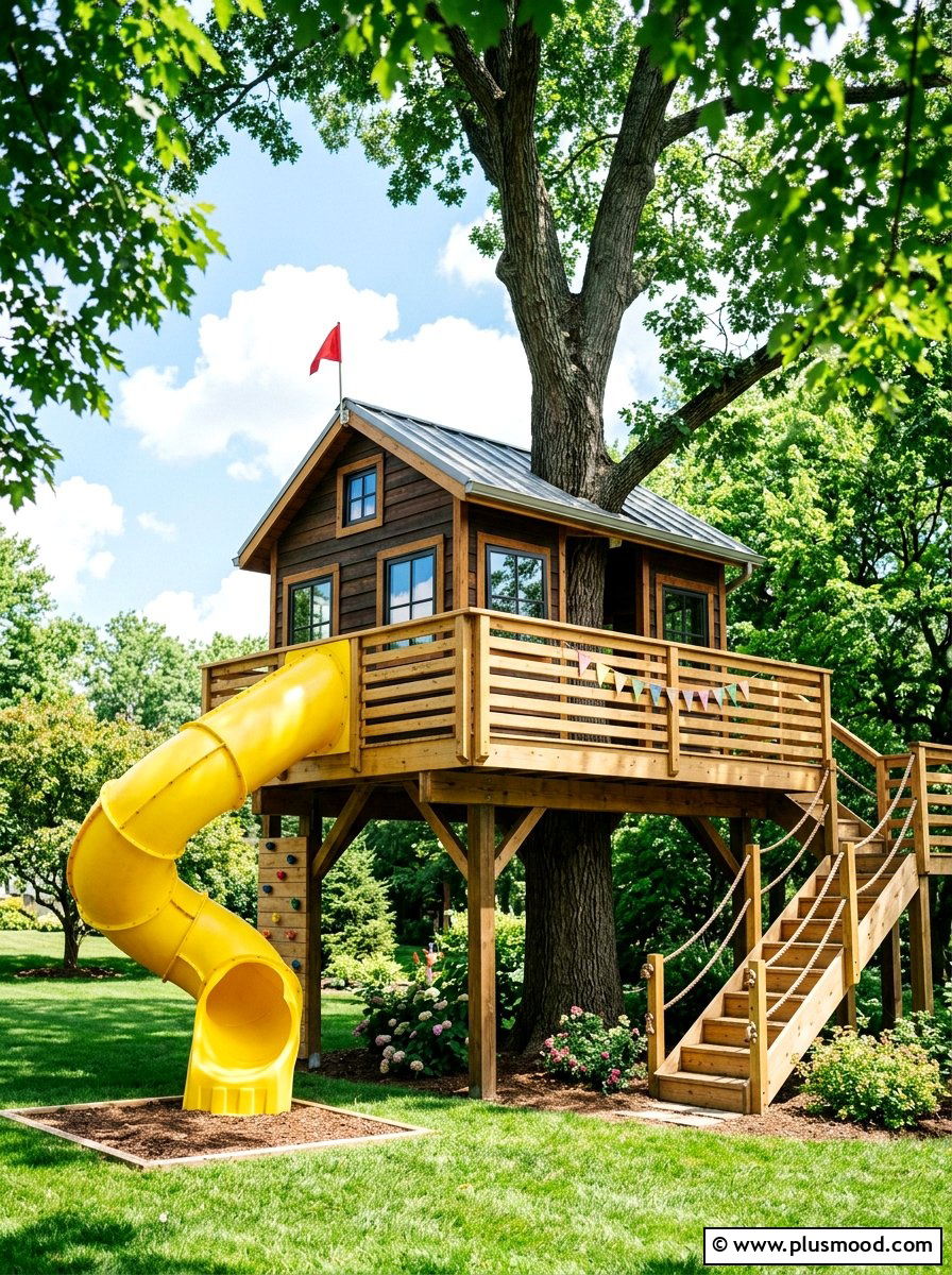 Kids Treehouse With Slide - 25 summer backyard play area ideas