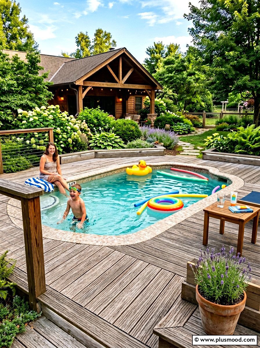 Kids friendly pool with non slip wood deck - 25 pool landscaping ideas with wooden deck