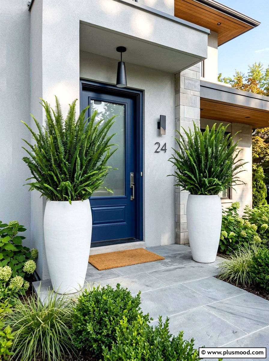 Kimberly Queen Ferns in Tall Urns - 25 summer potted fern ideas for porch
