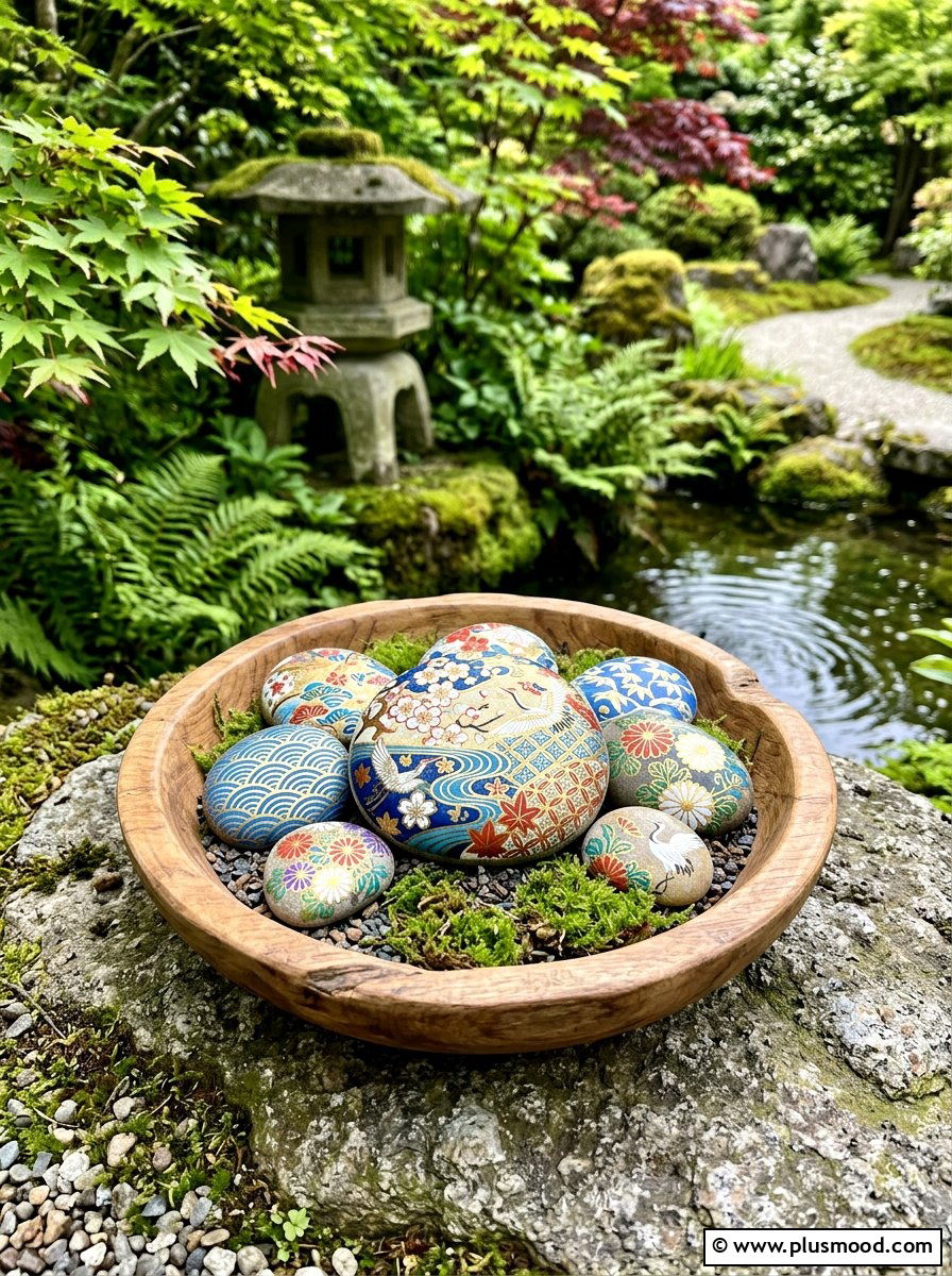 Kimono pattern rock - 25 painted rock ideas for Japanese garden