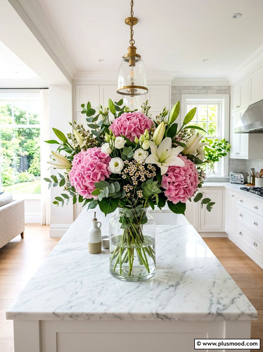 Kitchen island floral arrangement - 25 summer kitchen decor ideas