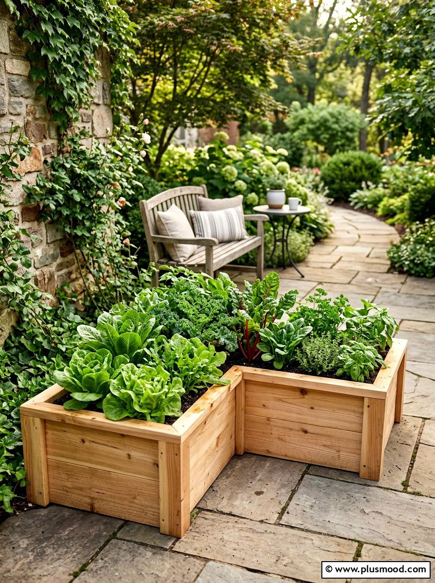 L shaped Cedar Box - 25 small backyard ideas with raised beds