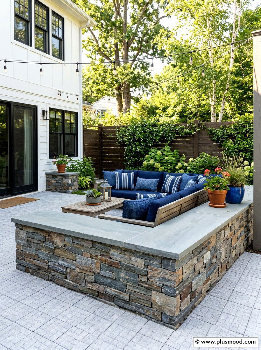 L shaped patio wall - 25 small backyard ideas with seating wall