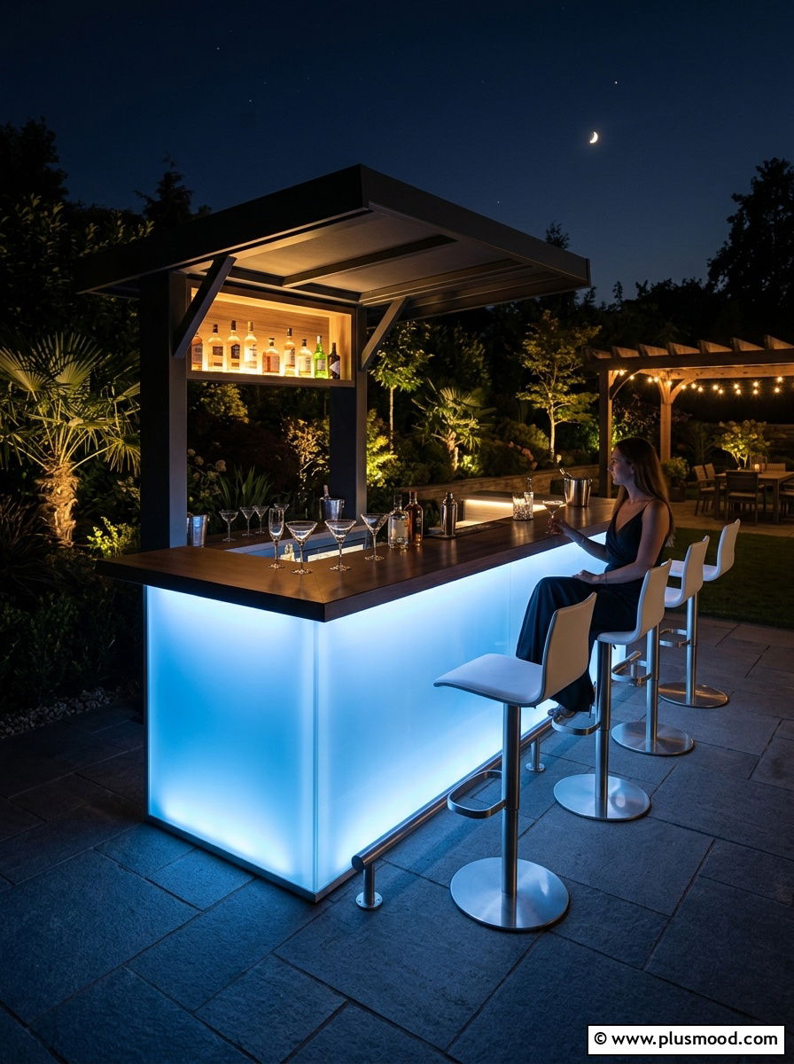 LED lighted outdoor bar - 25 small backyard ideas with outdoor bar