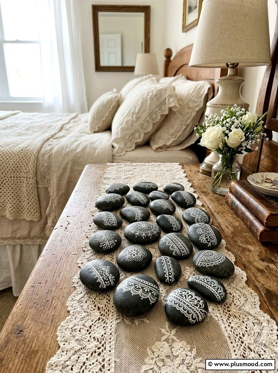 Lace Pattern Stone - 25 painted rock ideas for tabletop display