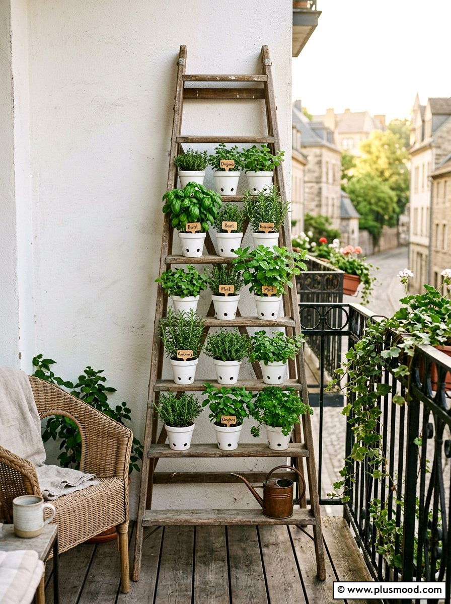 Ladder Herb Display - 25 small backyard ideas with herb garden