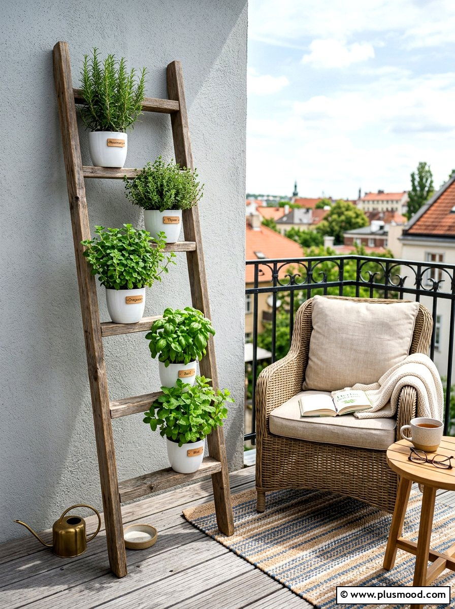 Ladder Herb Shelf - 25 summer balcony herb garden ideas