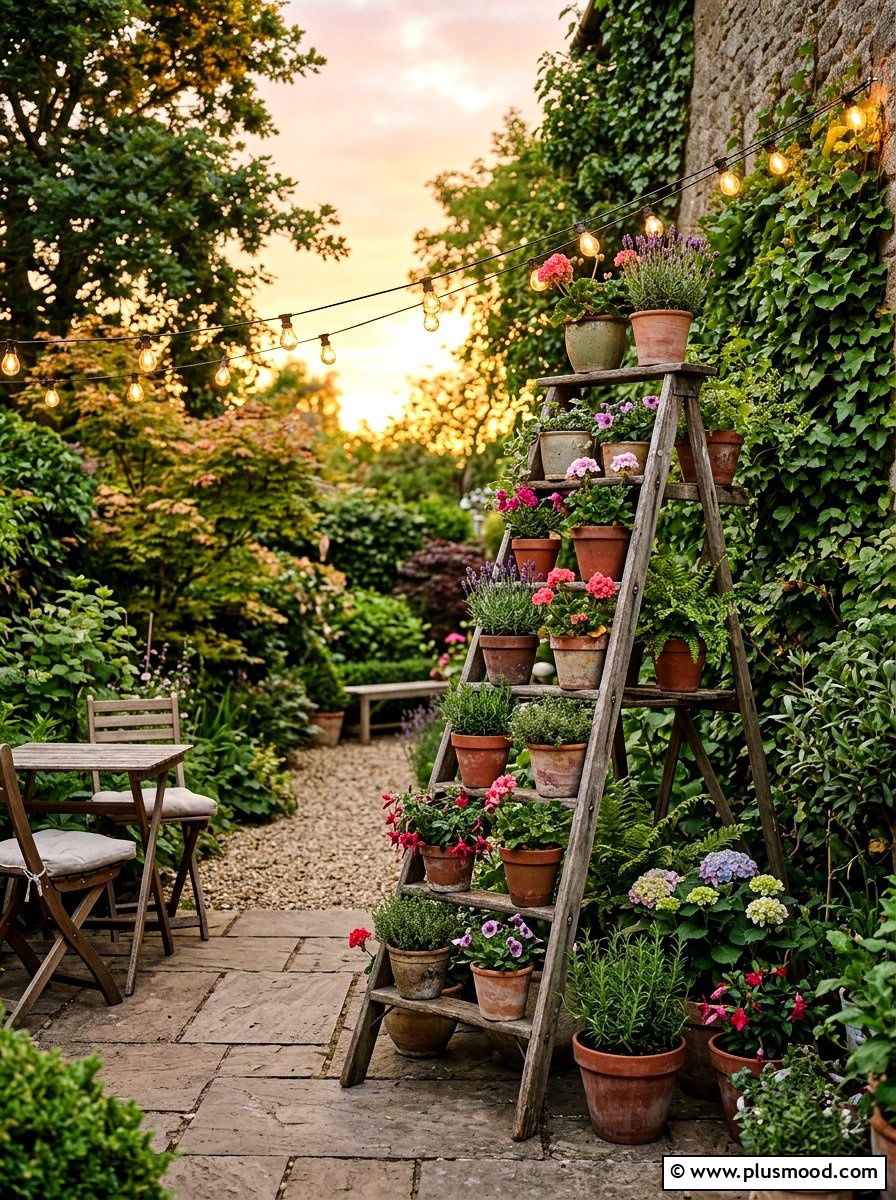 Ladder Plant Display - 25 outdoor garden decor ideas with vertical garden