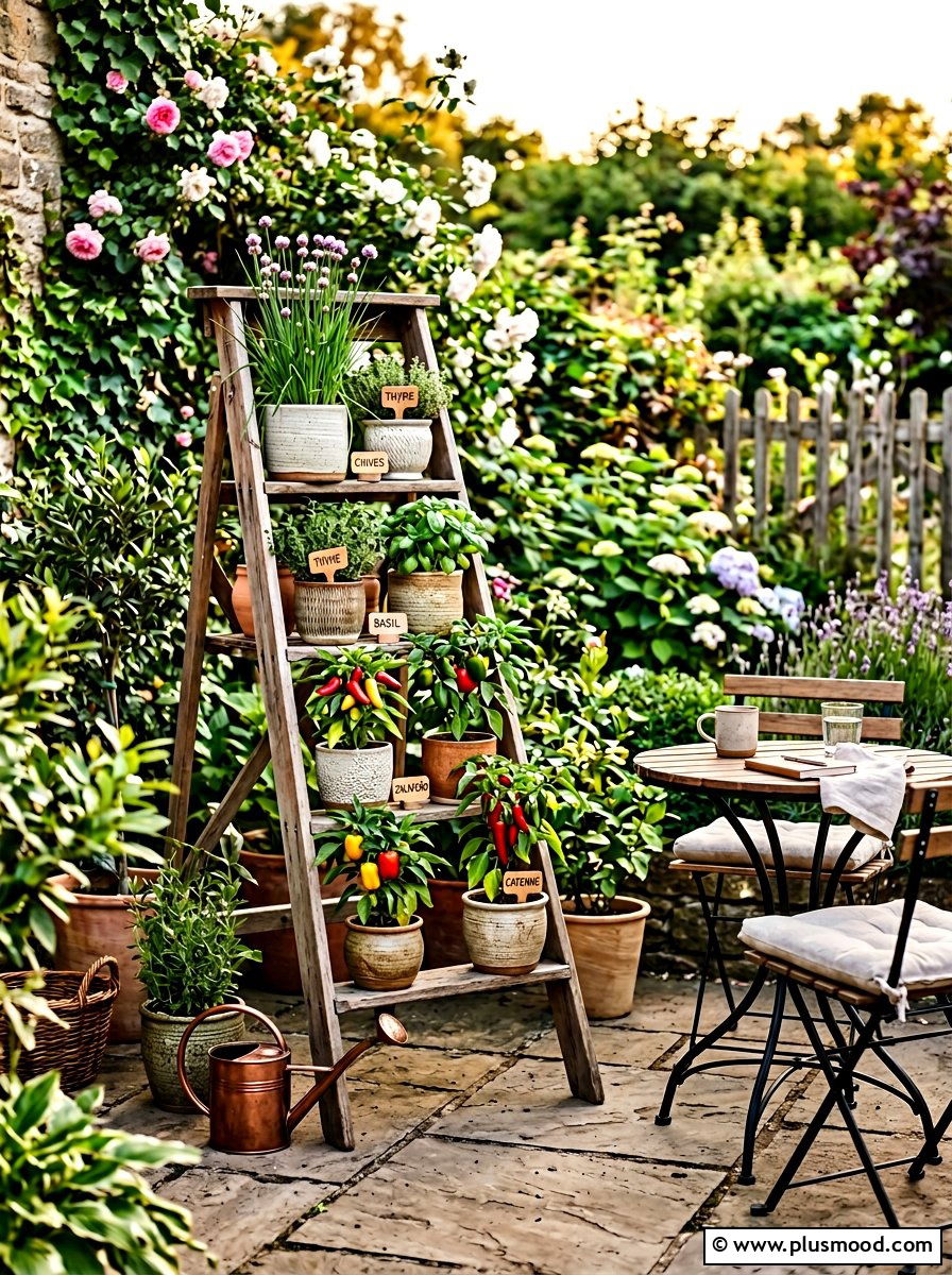 Ladder Plant Stand - 25 small backyard ideas with vegetable garden