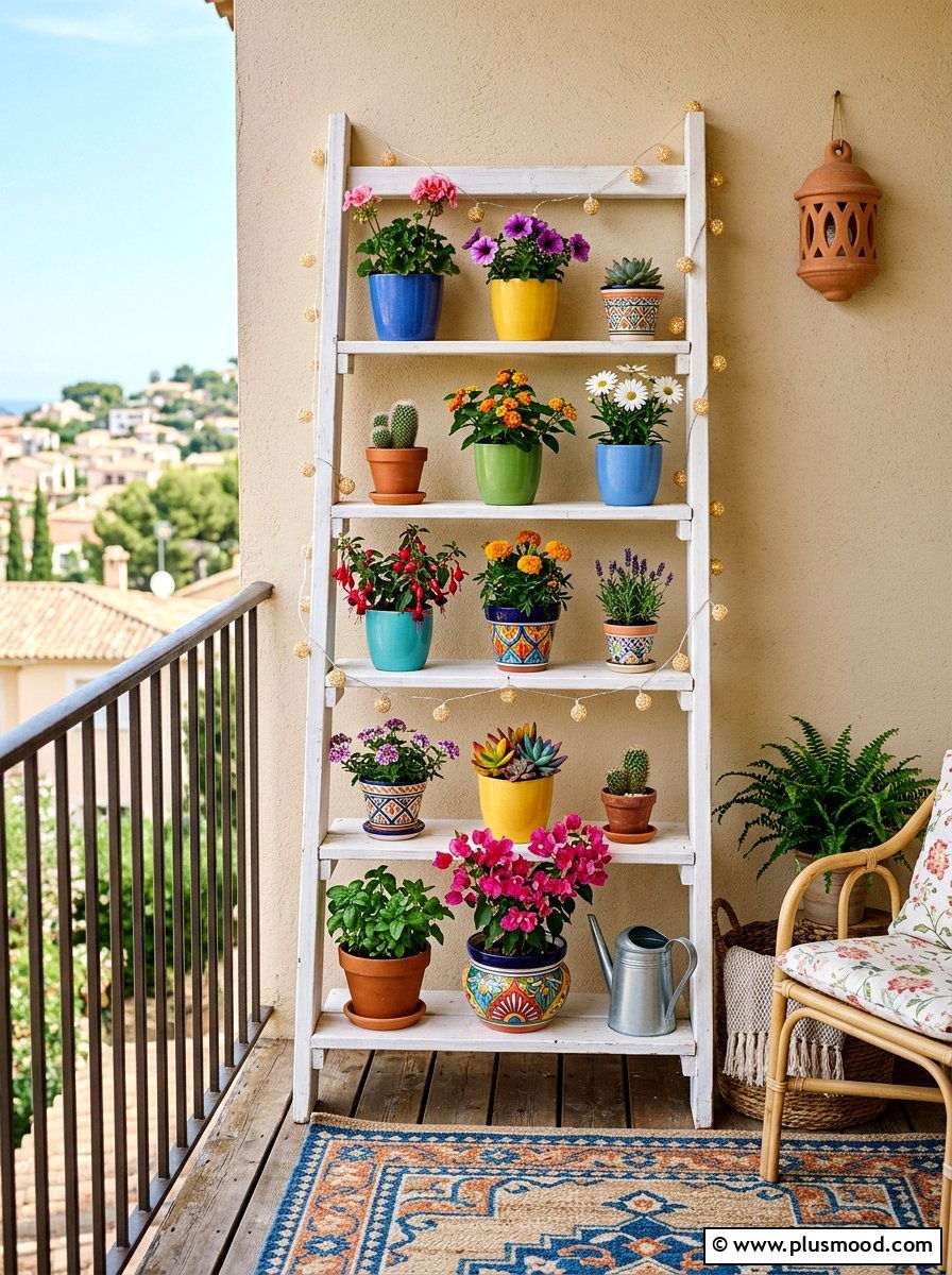 Ladder Shelf Display - 25 summer balcony planter ideas