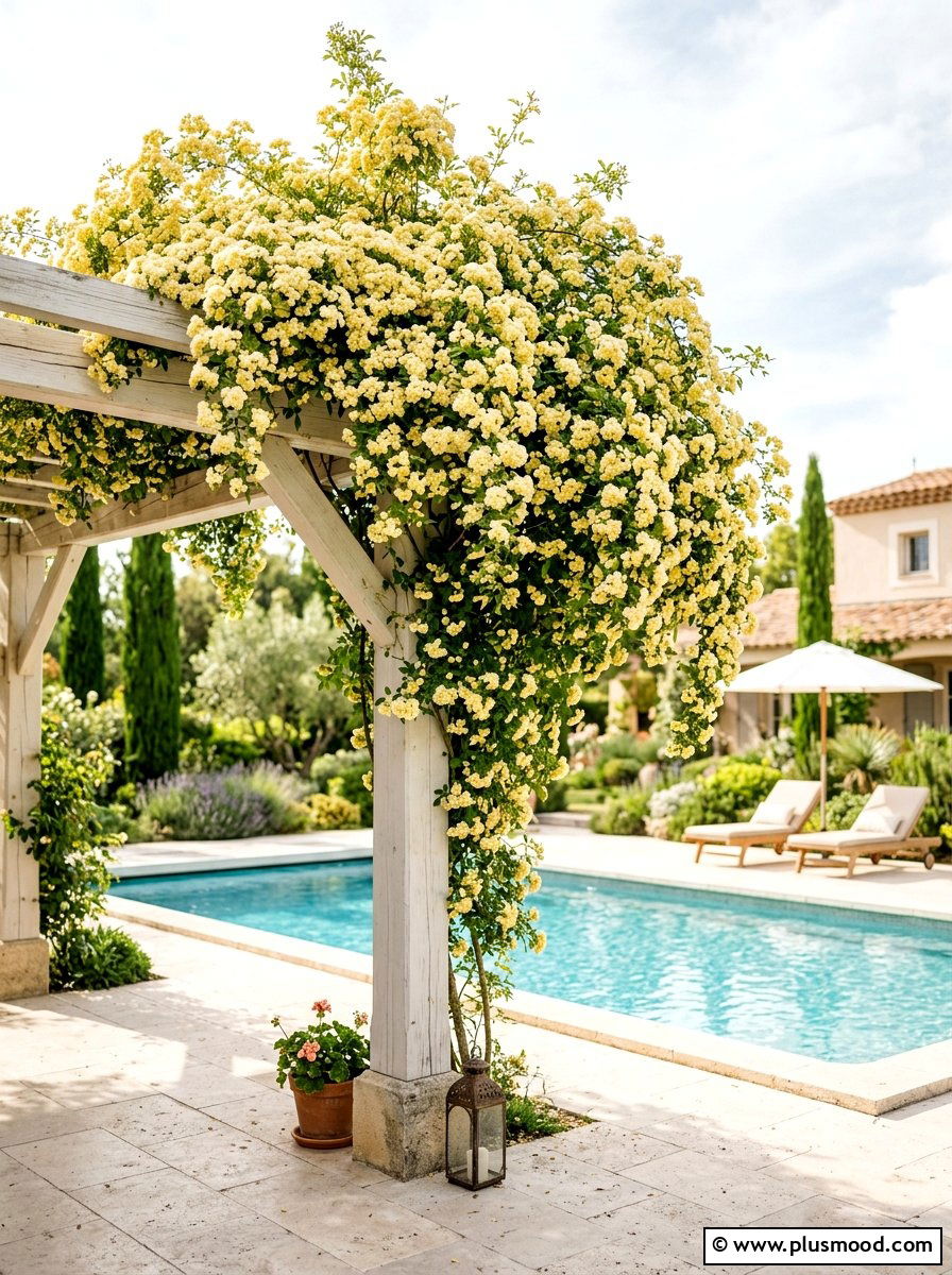 Lady Banks Rose Poolside Trellis - 25 pool landscaping ideas with climbing plants