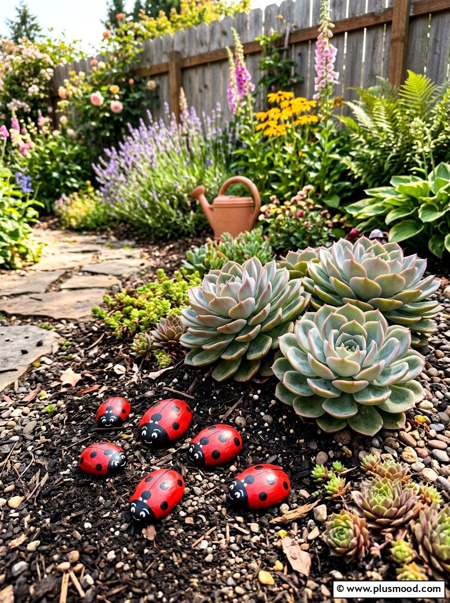 Ladybug Garden Stones - 25 painted rock ideas for succulent garden