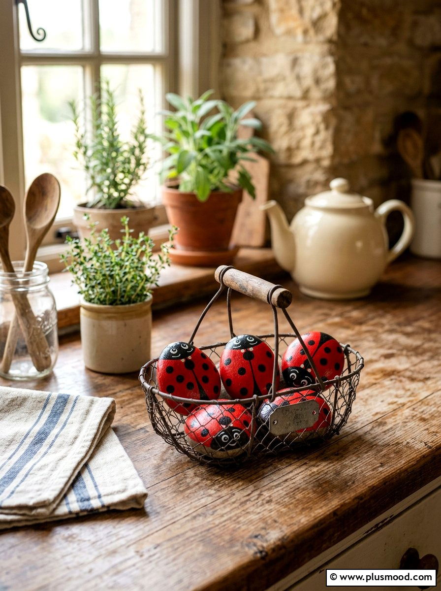 Ladybug Rock Painting - 25 painted rock ideas for tabletop display