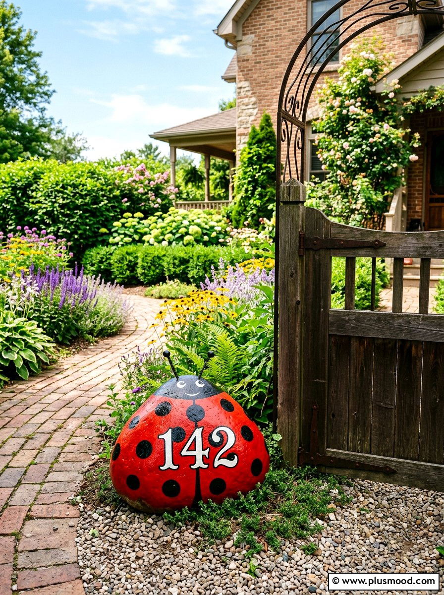 Ladybug address stone - 25 painted rock ideas for address markers