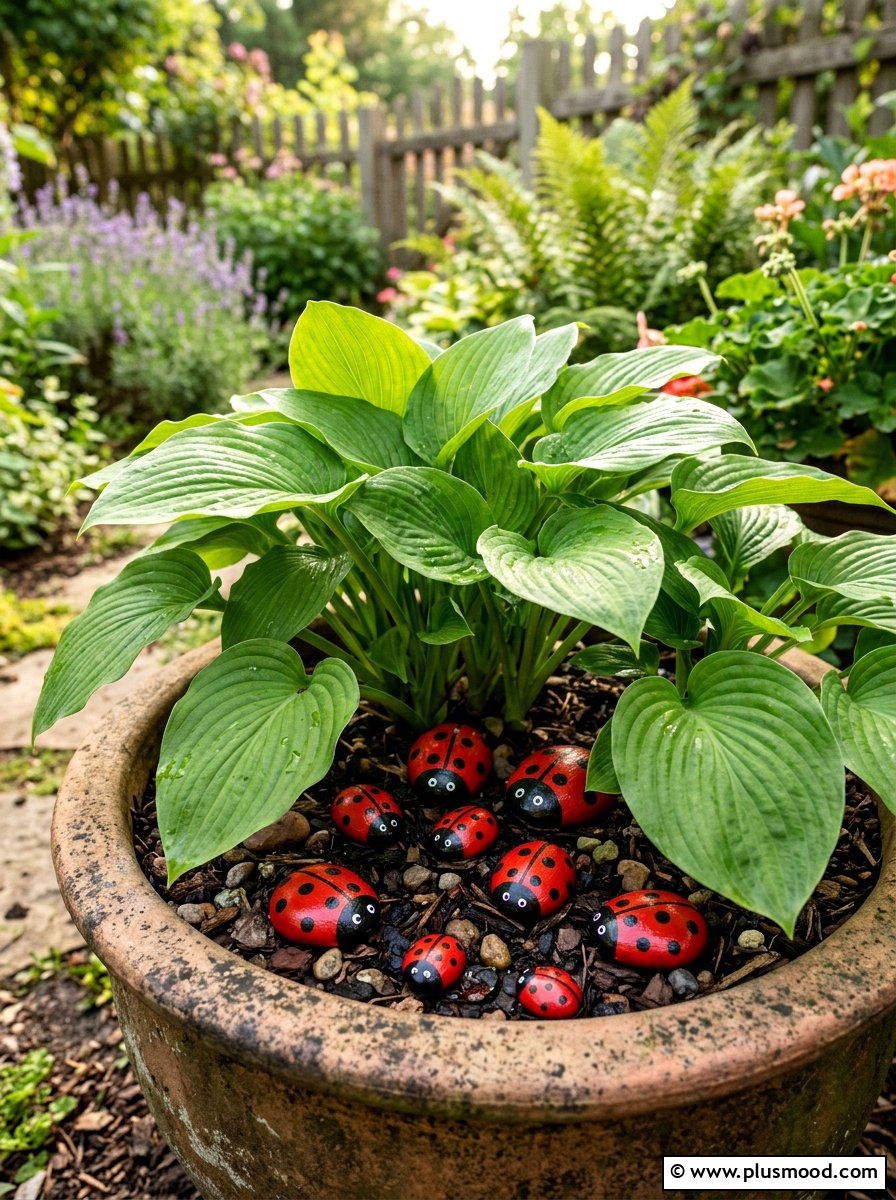 Ladybug garden stones - 25 painted rock ideas for potted plant display