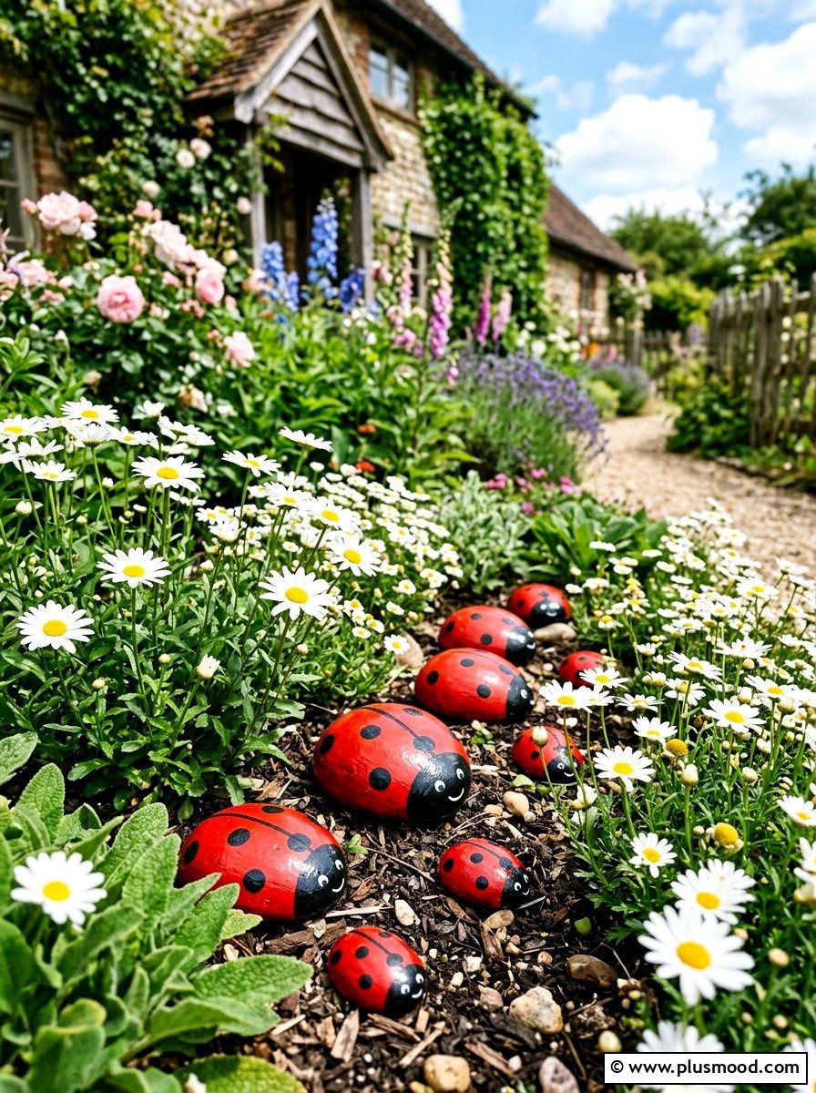 Ladybug painted rocks - 25 painted rock ideas for spring garden