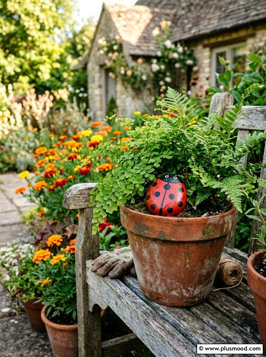 Ladybug stone for planter - 25 painted rock ideas for plant pot decoration