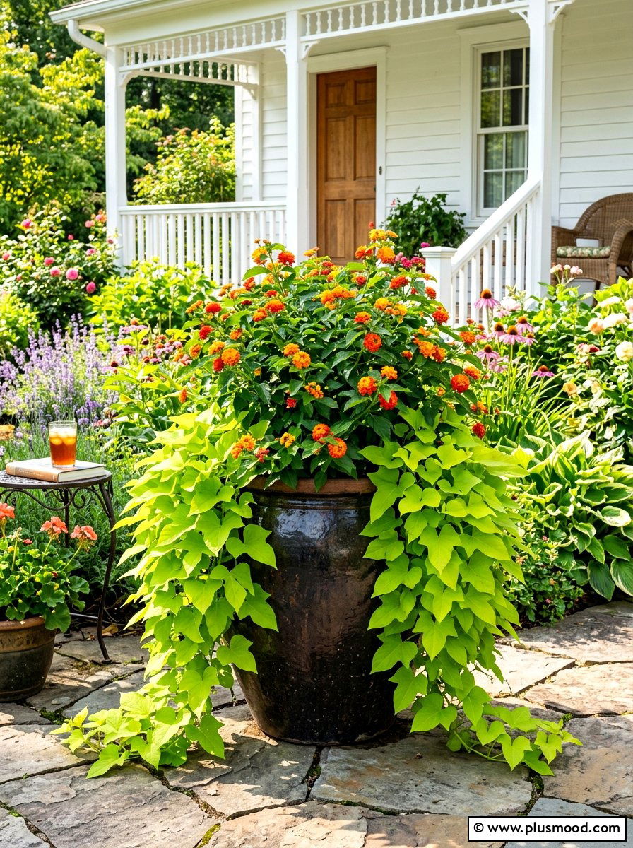 Lantana And Sweet Potato Vine Planter - 25 summer planters with lantana ideas