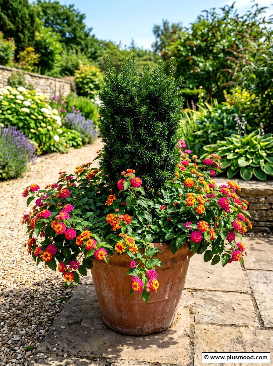 Lantana and yew planter - 25 summer evergreen and flower mix ideas