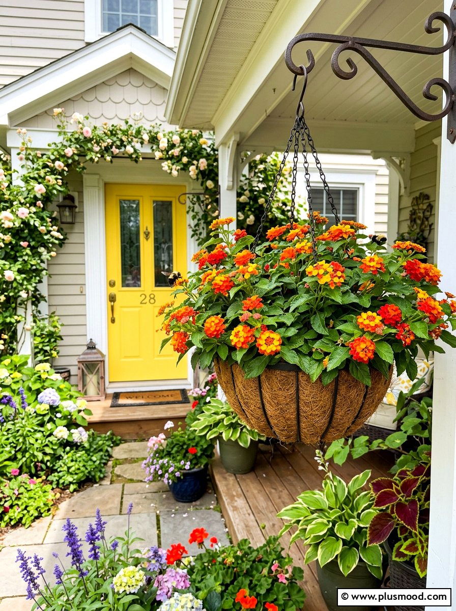 Lantana hanging basket for pollinators - 25 summer front porch decor ideas with hanging baskets