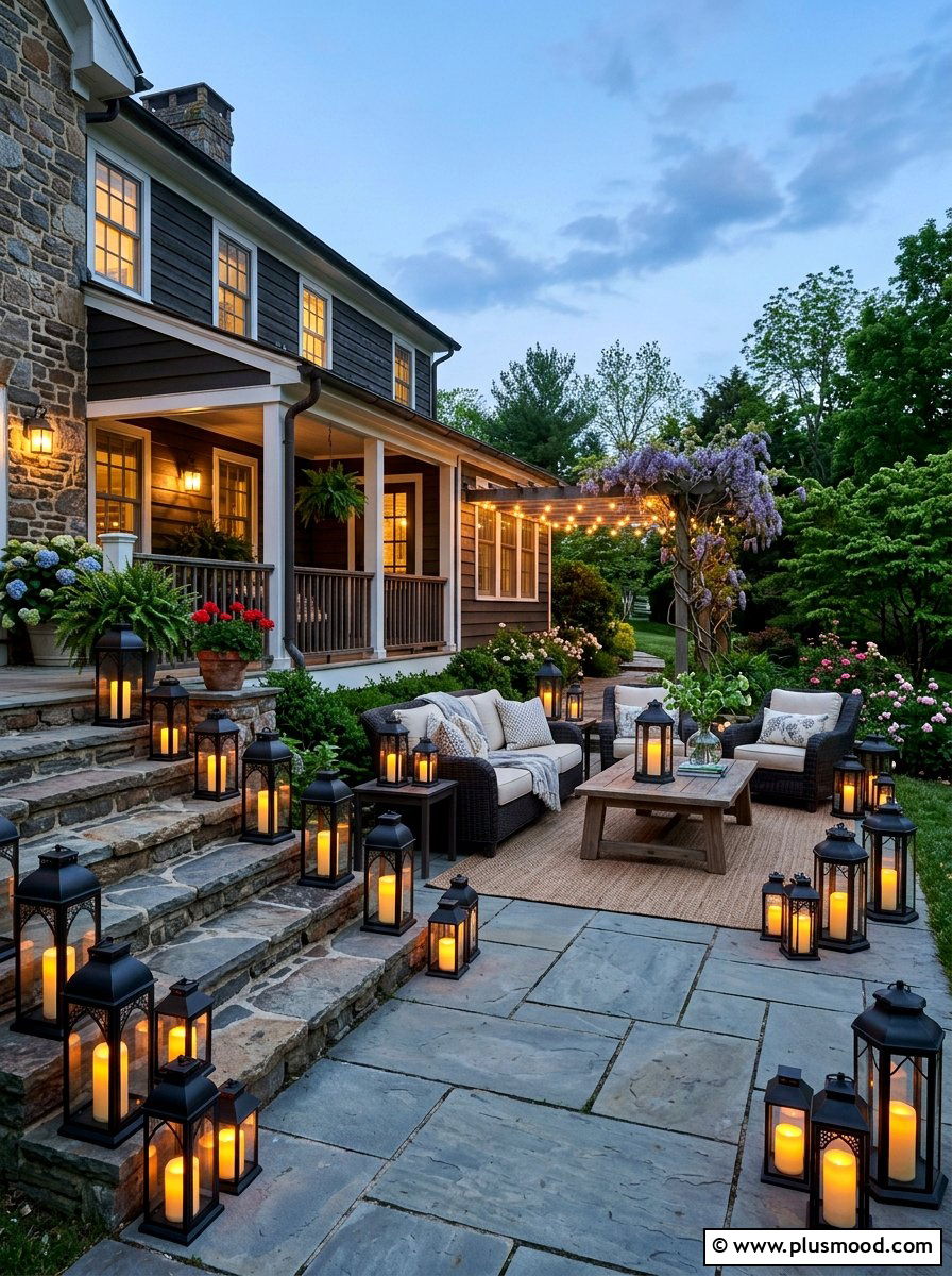 Lantern Lit Patio - 25 summer farmhouse patio ideas