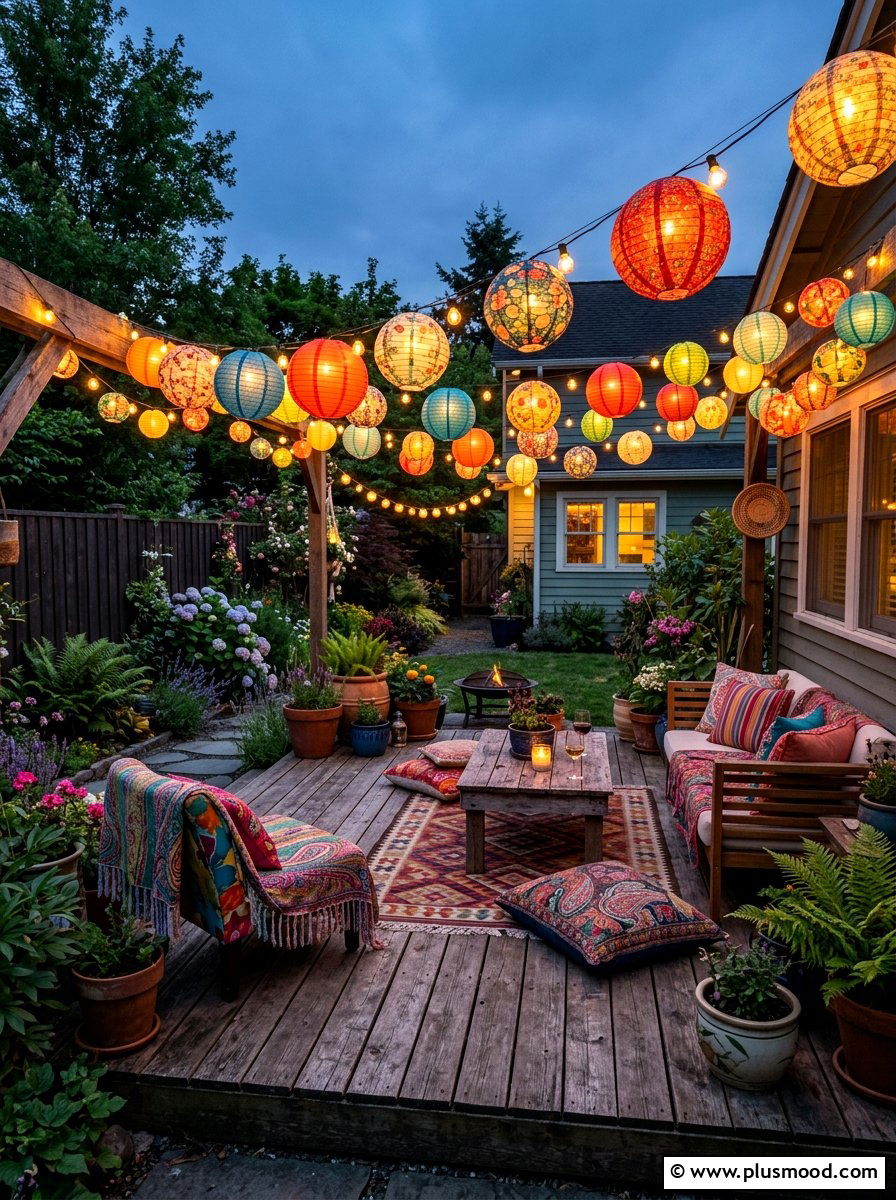 Lantern String Lights - 25 small backyard ideas with string lights