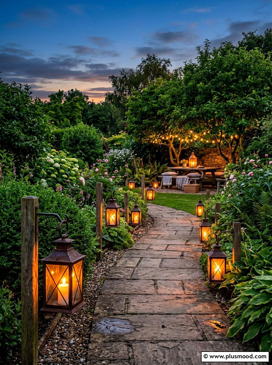 Lantern lit garden path - 25 summer backyard picnic ideas