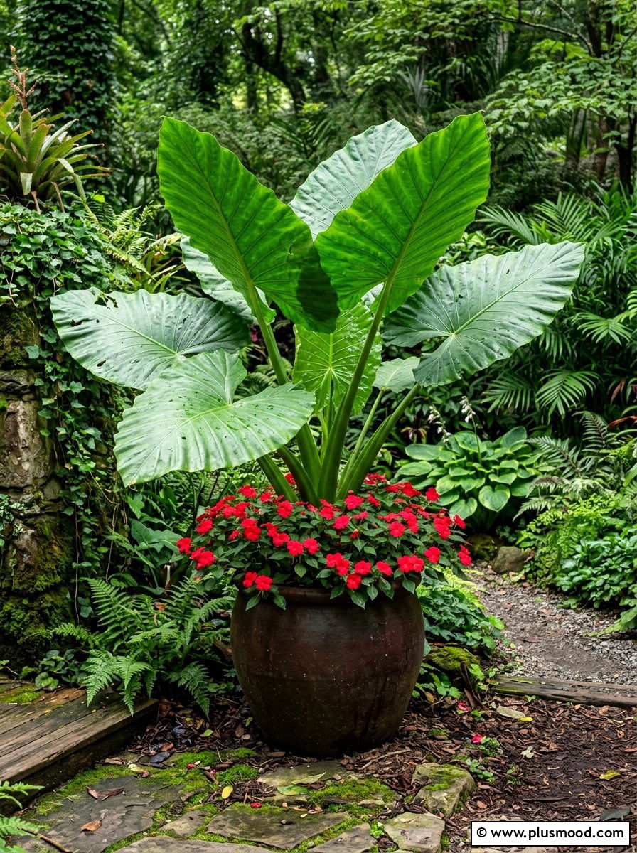 Large Elephant Ear And Impatiens - 25 summer mixed container ideas
