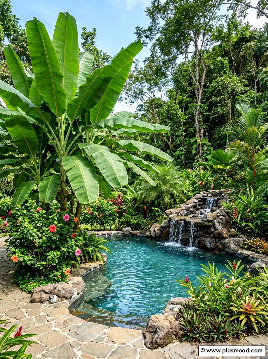 Large Leaf Banana Tree Pool - 25 pool landscaping ideas with shade trees