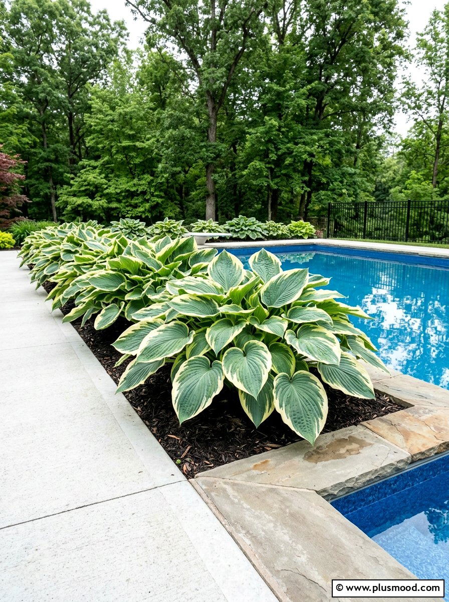 Large Leaf Hostas Pool Border - 25 pool landscaping ideas for shaded backyards