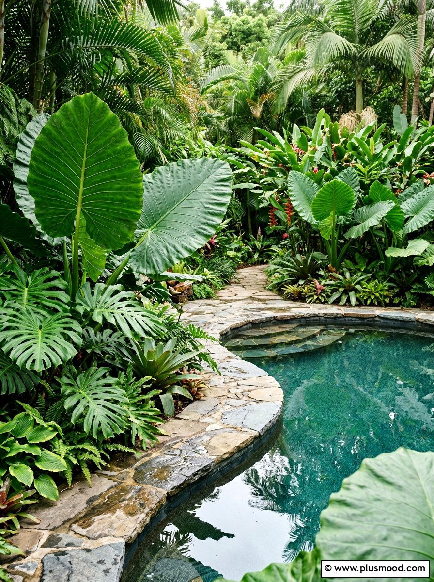 Large Leaf Plant Pool Landscaping - 25 pool landscaping ideas with tropical theme
