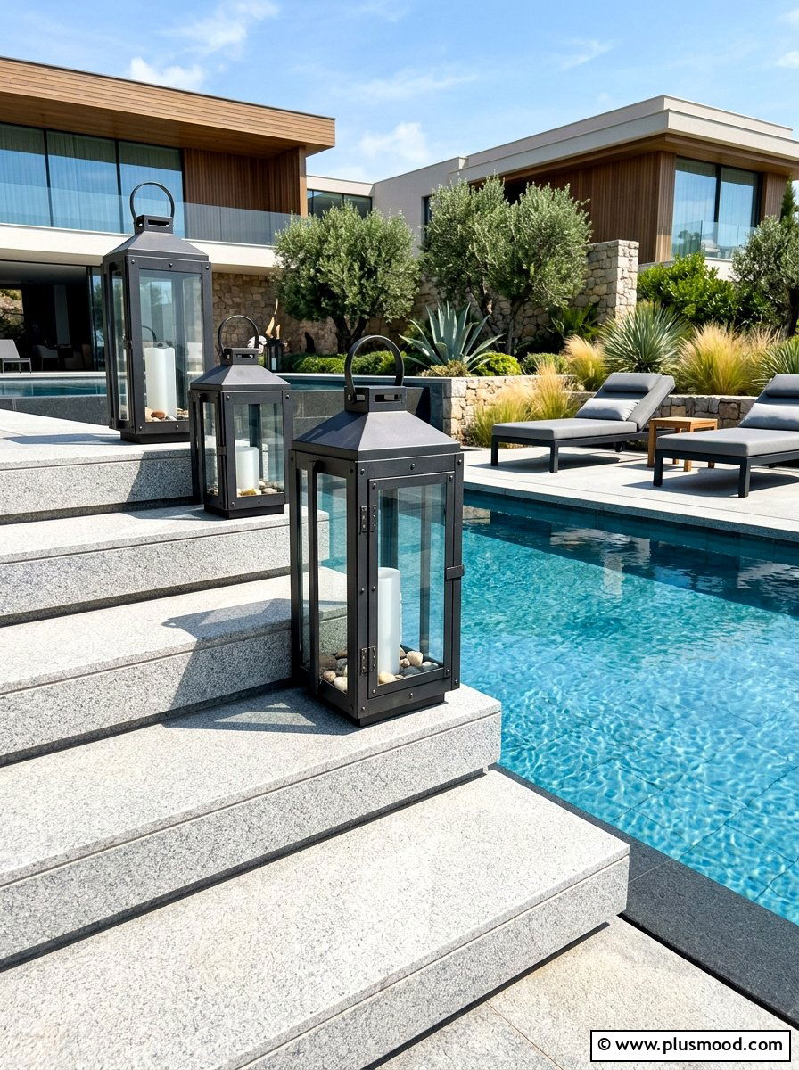 Large Metal Lanterns On Pool Steps - 25 pool landscaping ideas with lanterns