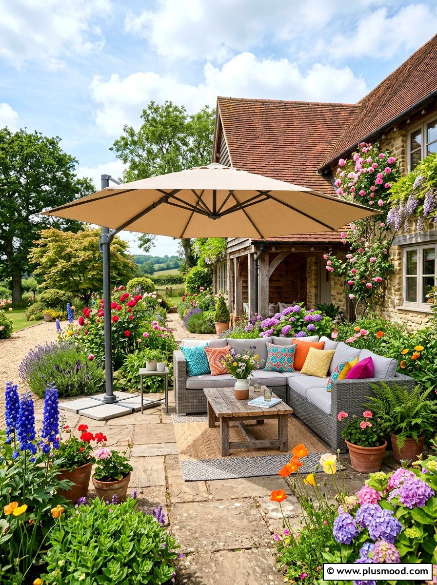 Large Outdoor Umbrella - 25 summer farmhouse patio ideas