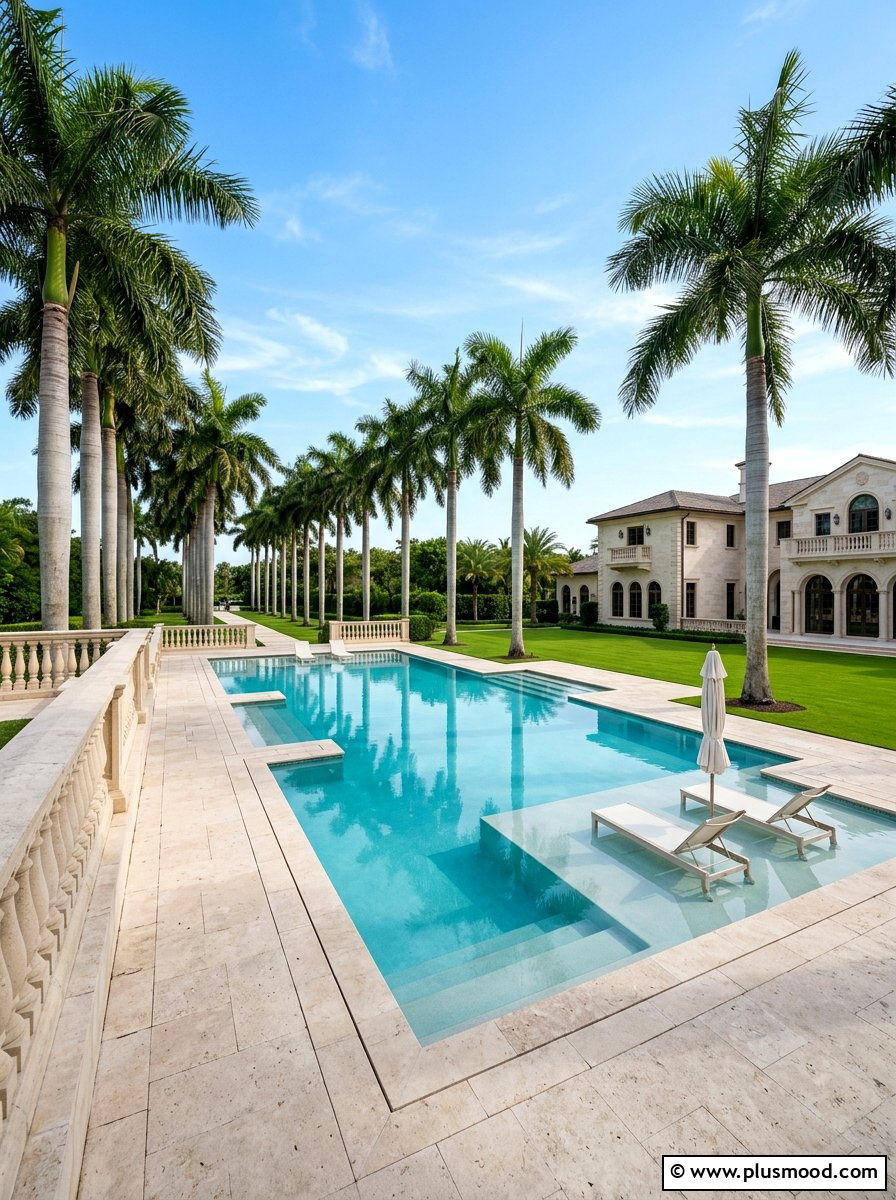 Large estate pool with royal palms - 25 pool landscaping ideas with palm trees