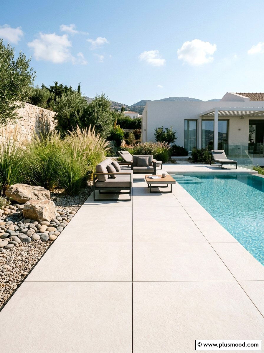 Large format porcelain pool pavers - 25 pool landscaping ideas with tile accents