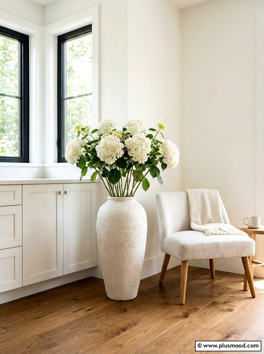 Large hydrangea floor vase for kitchen corner - 25 summer kitchen decor ideas with hydrangeas