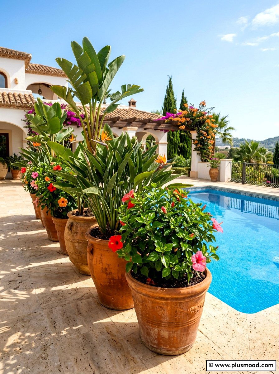 Large potted tropical plants - 25 pool landscaping ideas for privacy screen