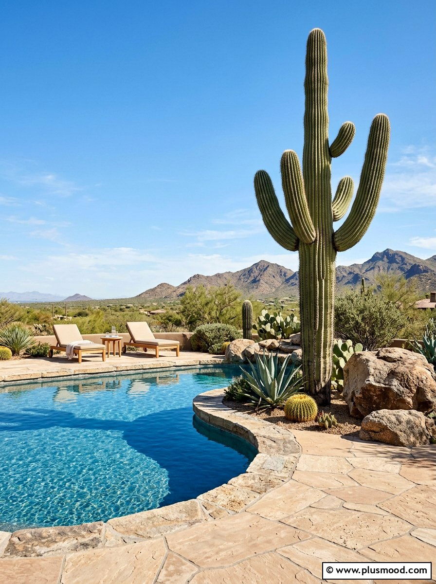 Large saguaro cactus poolside - 25 pool landscaping ideas with cactus garden