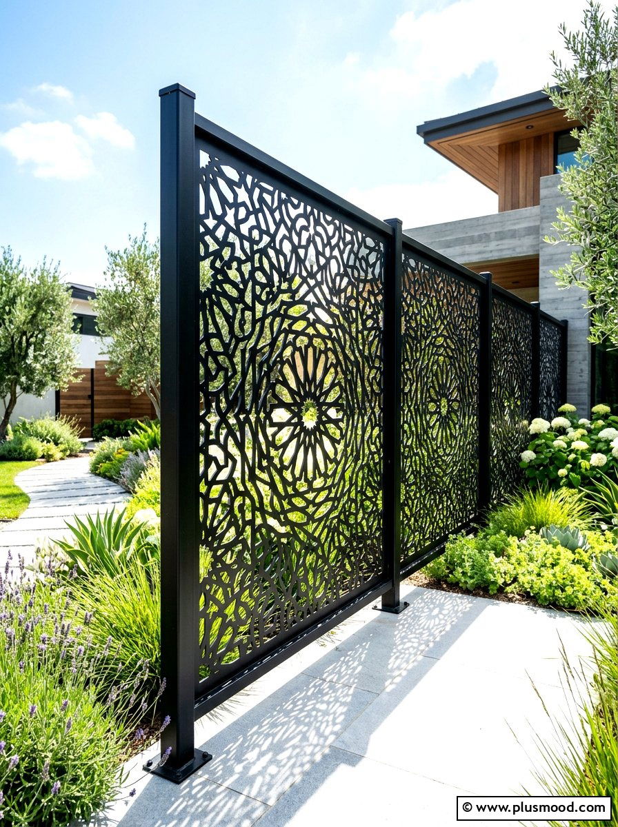 Laser cut metal decorative panels fence - 25 summer pool fence decor ideas