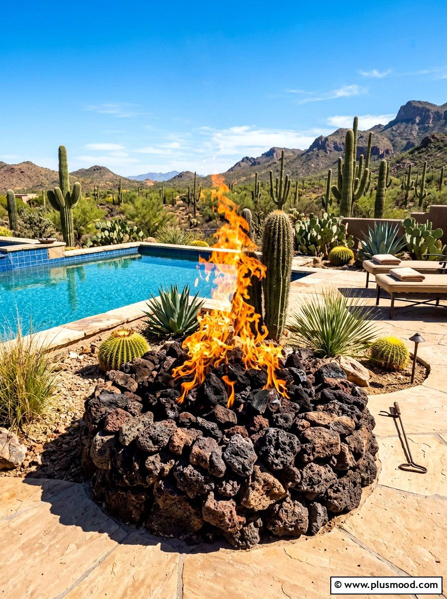 Lava Rock Fire Pit - 25 summer poolside fire feature ideas