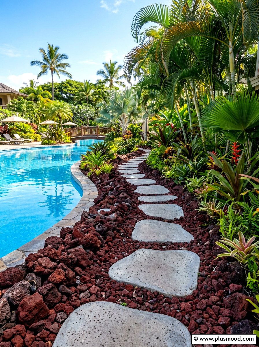 Lava rock border path - 25 pool landscaping ideas with stepping stones