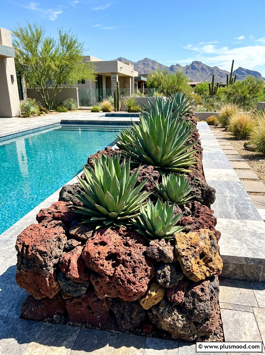 Lava rock planter - 25 pool landscaping ideas with natural stone
