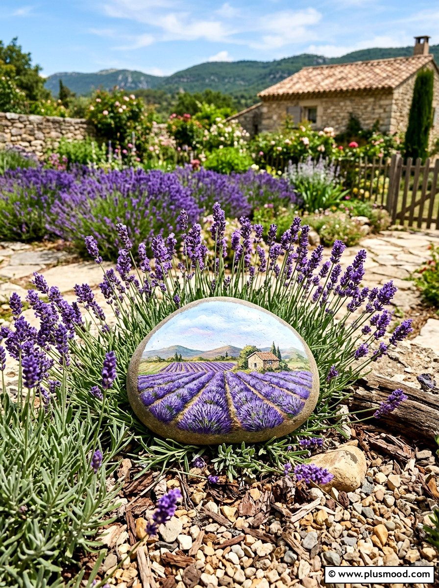 Lavender Field Painting - 25 painted rock ideas with landscapes