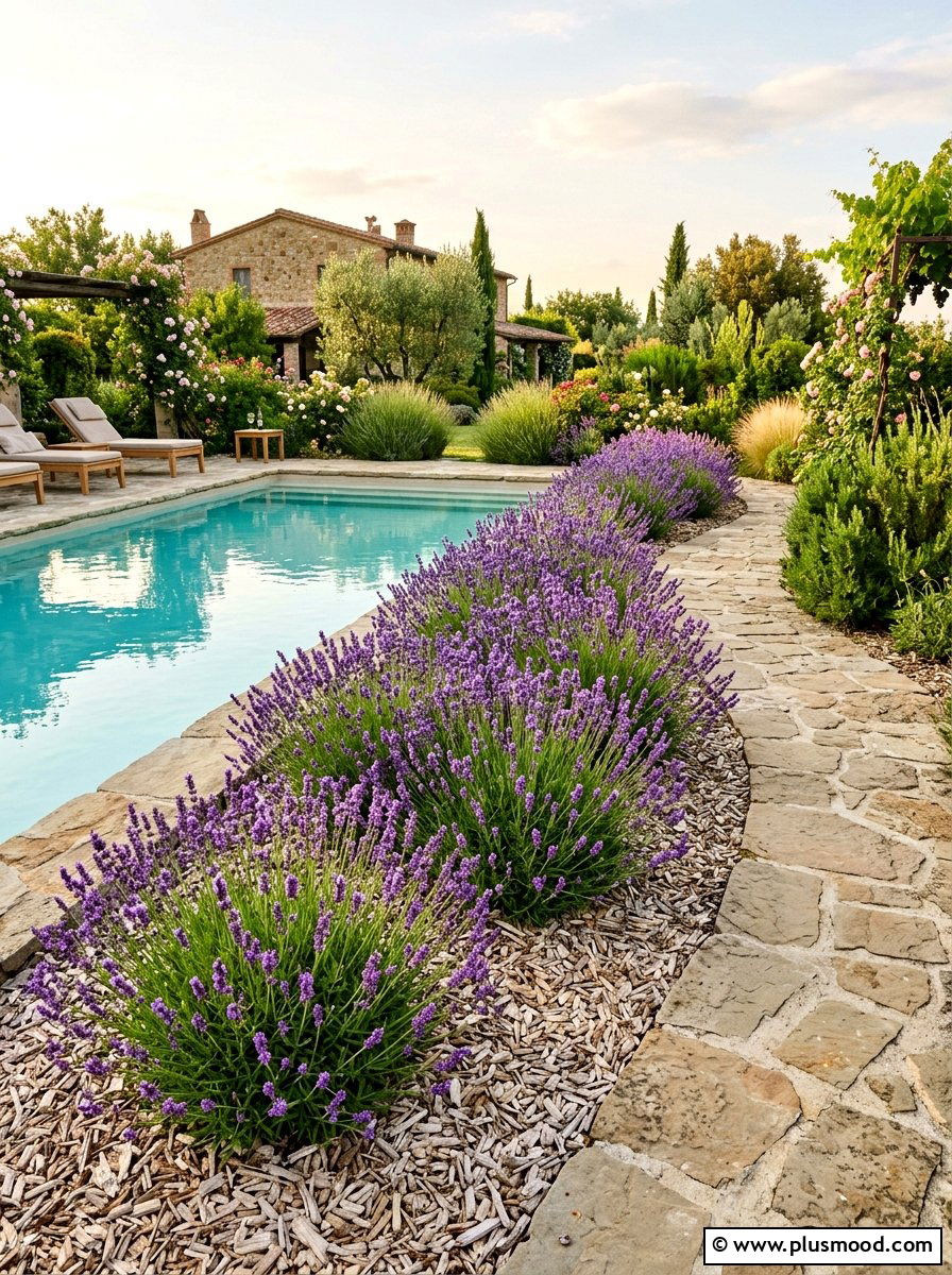 Lavender Pool Border Mulch - 25 pool landscaping ideas with mulch beds