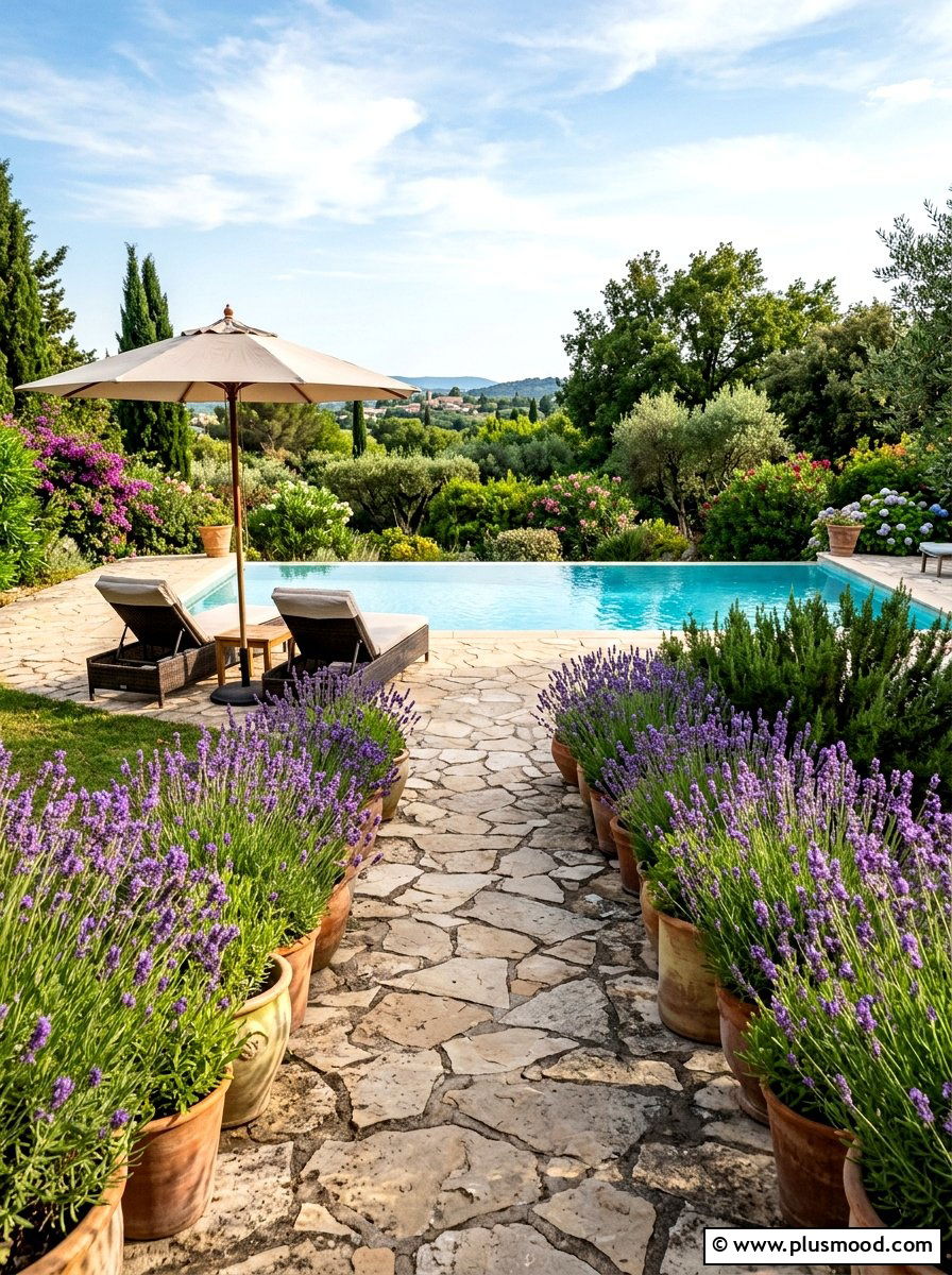 Lavender Pot Along Sunny Pool Path - 25 pool landscaping ideas with potted plants